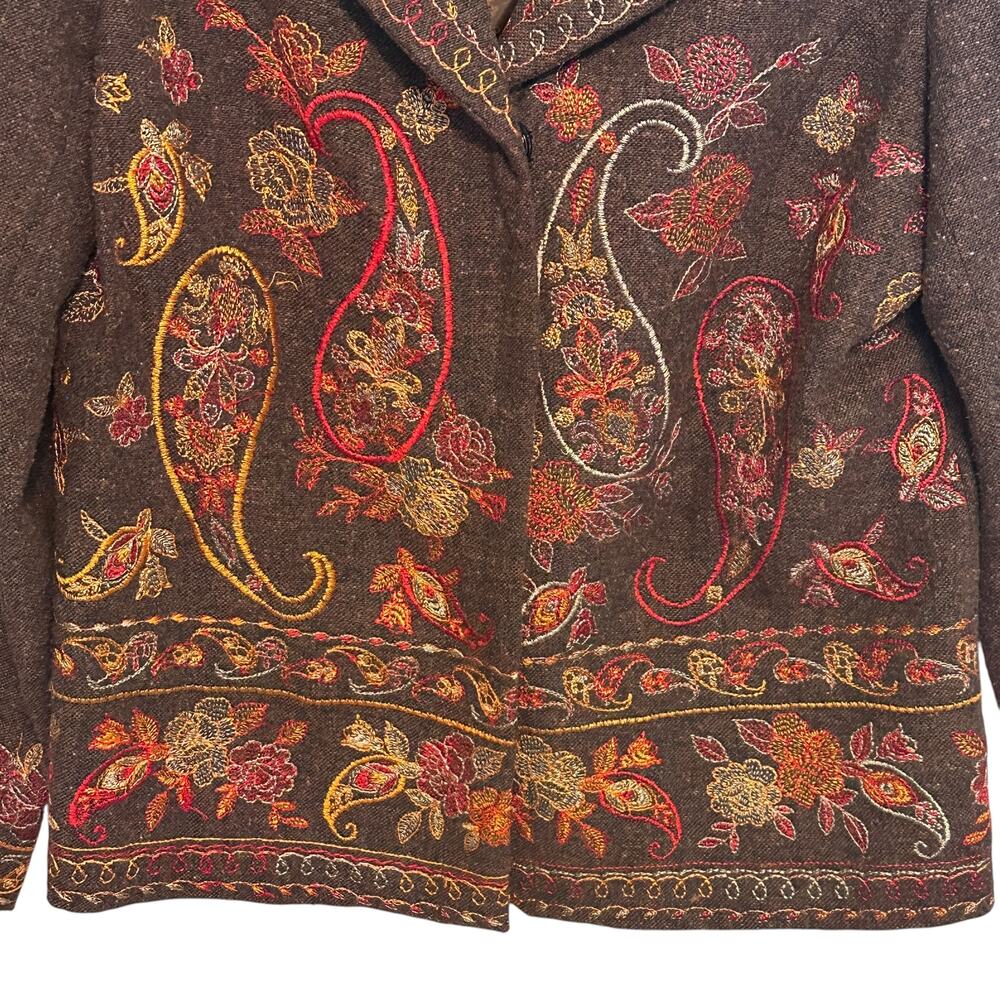Coldwater Creek Embroidered Tweed Blazer Womens Medium Brown Paisley Wool Blend - Picture 3 of 9
